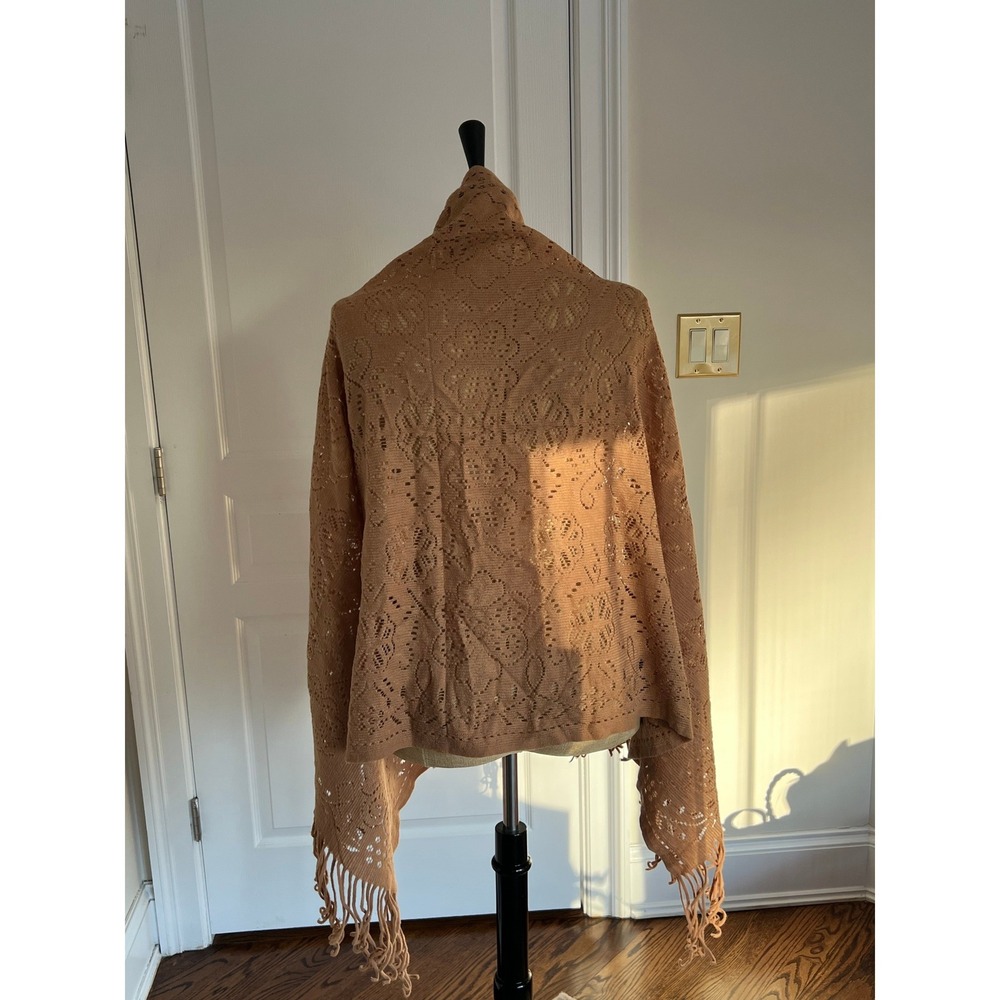 Elegant Tan Light Knit Scarf Shawl Wrap Fringe Boho Festival Accessory - Picture 2 of 9